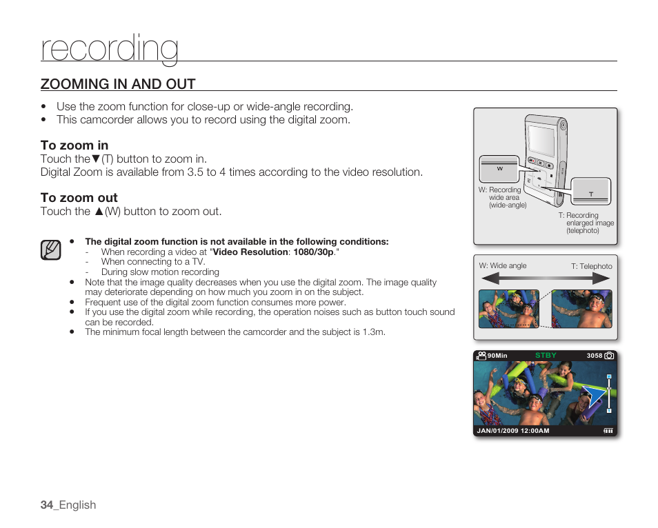 Zooming in and out, Recording | Samsung HMX-U100 User Manual | Page 46 / 102