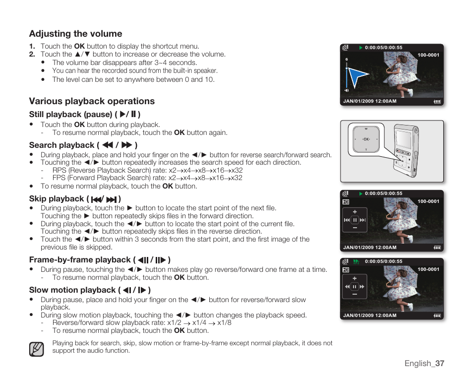 Adjusting the volume, Various playback operations | Samsung HMX-U100 User Manual | Page 49 / 102