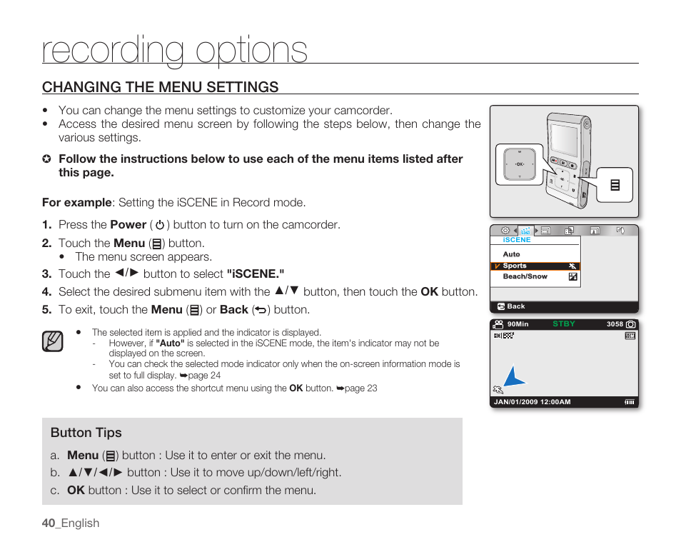 Recording options, Changing the menu settings | Samsung HMX-U100 User Manual | Page 52 / 102