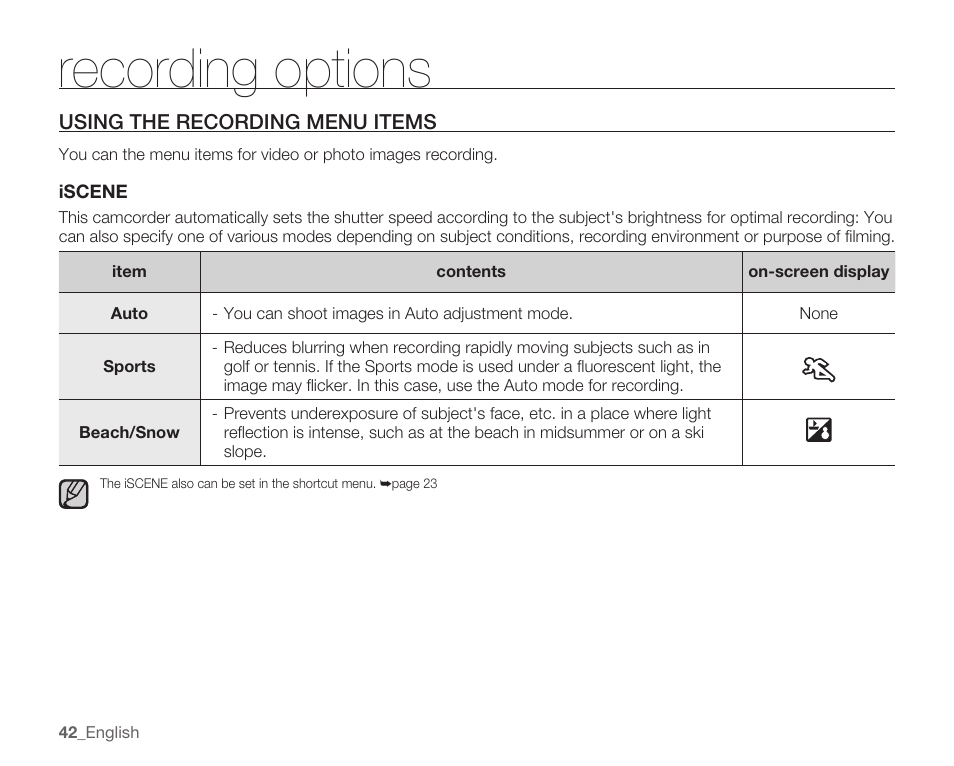 Using the recording menu items, Recording options | Samsung HMX-U100 User Manual | Page 54 / 102