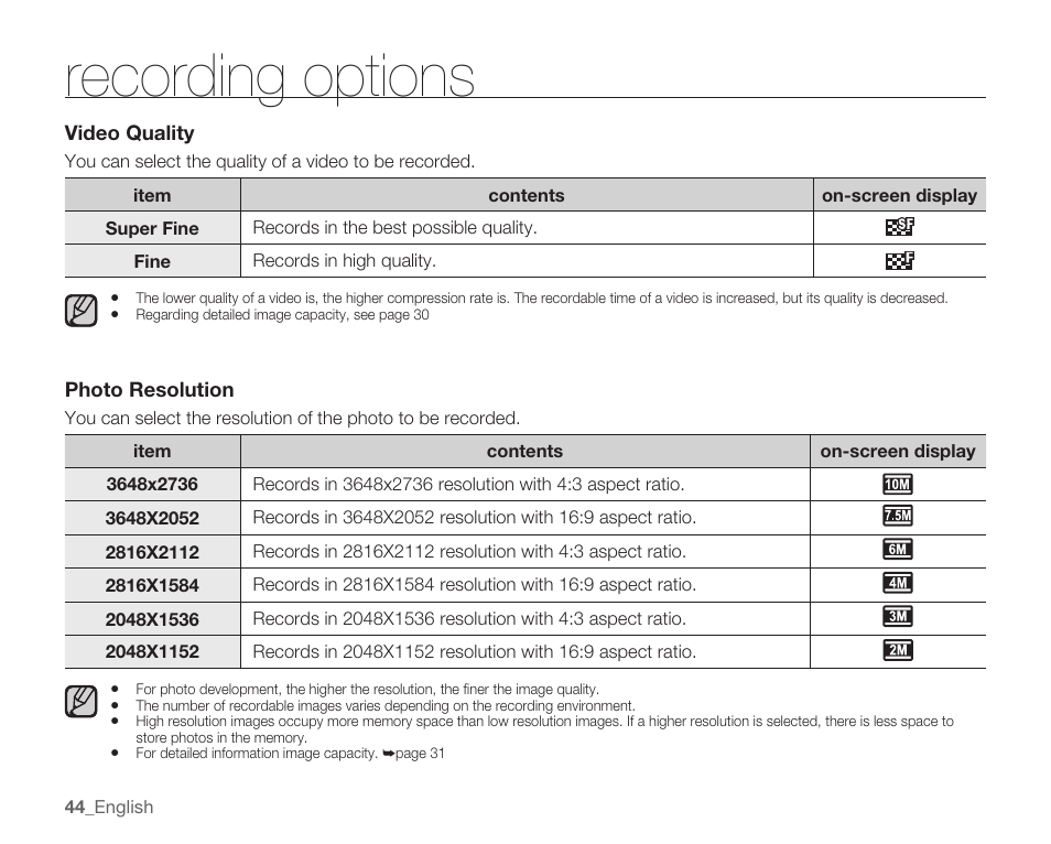 Recording options | Samsung HMX-U100 User Manual | Page 56 / 102