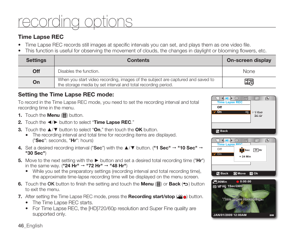 Recording options, Time lapse rec, Setting the time lapse rec mode | Samsung HMX-U100 User Manual | Page 58 / 102