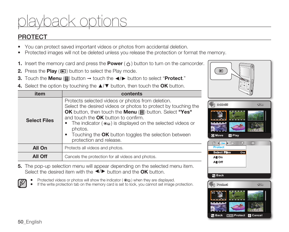 Protect, Playback options | Samsung HMX-U100 User Manual | Page 62 / 102