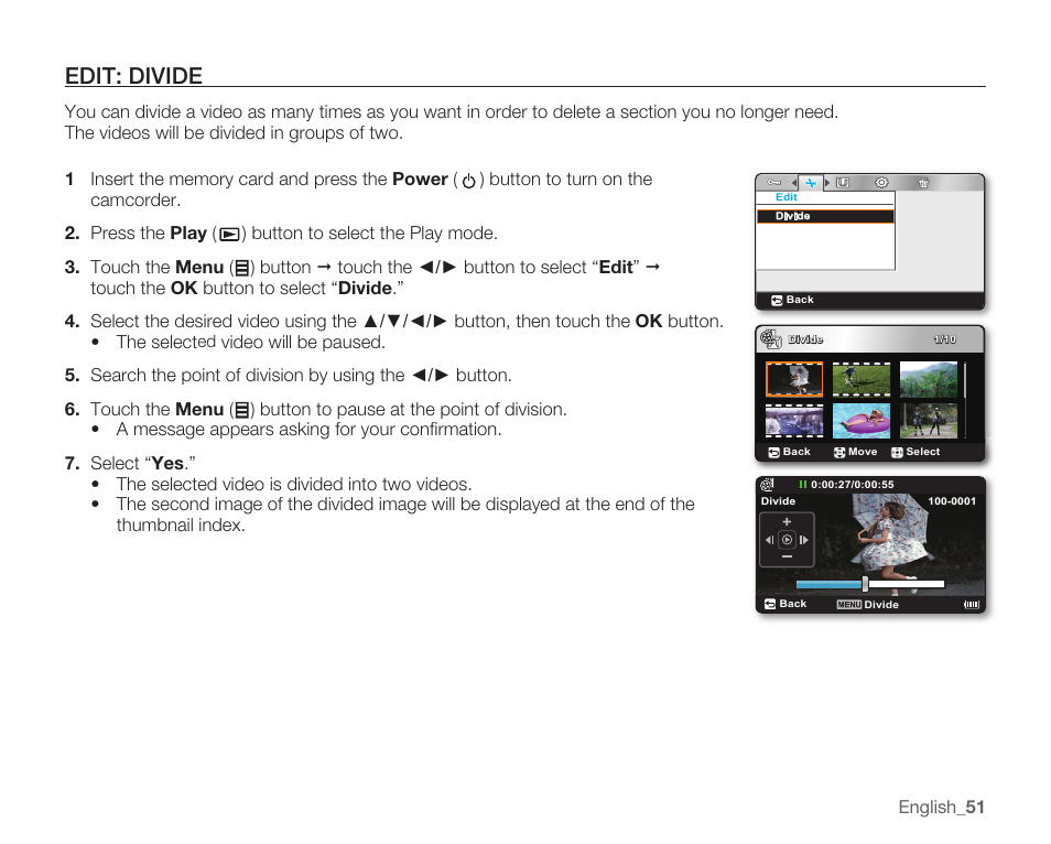 Edit: divide | Samsung HMX-U100 User Manual | Page 63 / 102