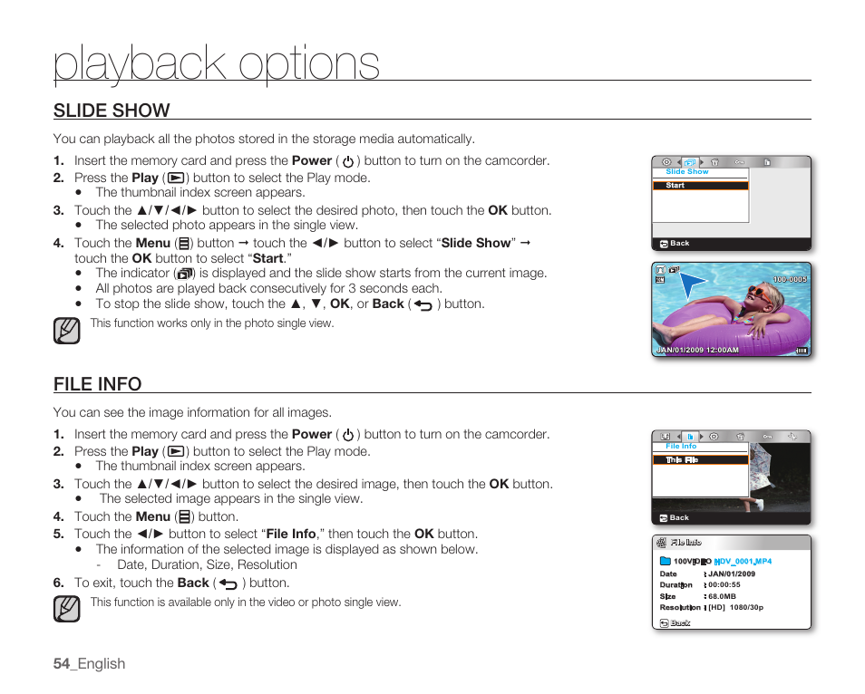 Slide show, File info, Playback options | Samsung HMX-U100 User Manual | Page 66 / 102