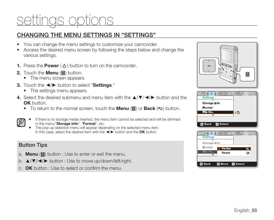 Settings options, Changing the menu settings in "settings | Samsung HMX-U100 User Manual | Page 67 / 102