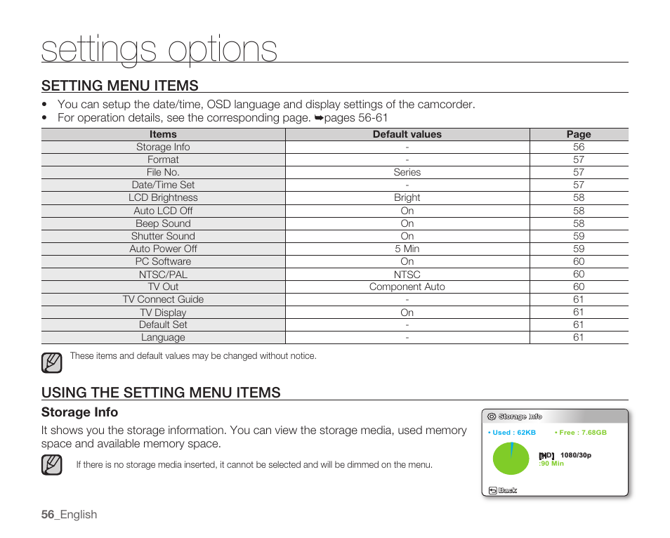 Setting menu items, Using the setting menu items, Settings options | Storage info | Samsung HMX-U100 User Manual | Page 68 / 102