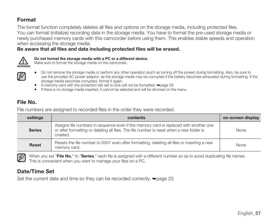 Format, File no, Date/time set | Samsung HMX-U100 User Manual | Page 69 / 102