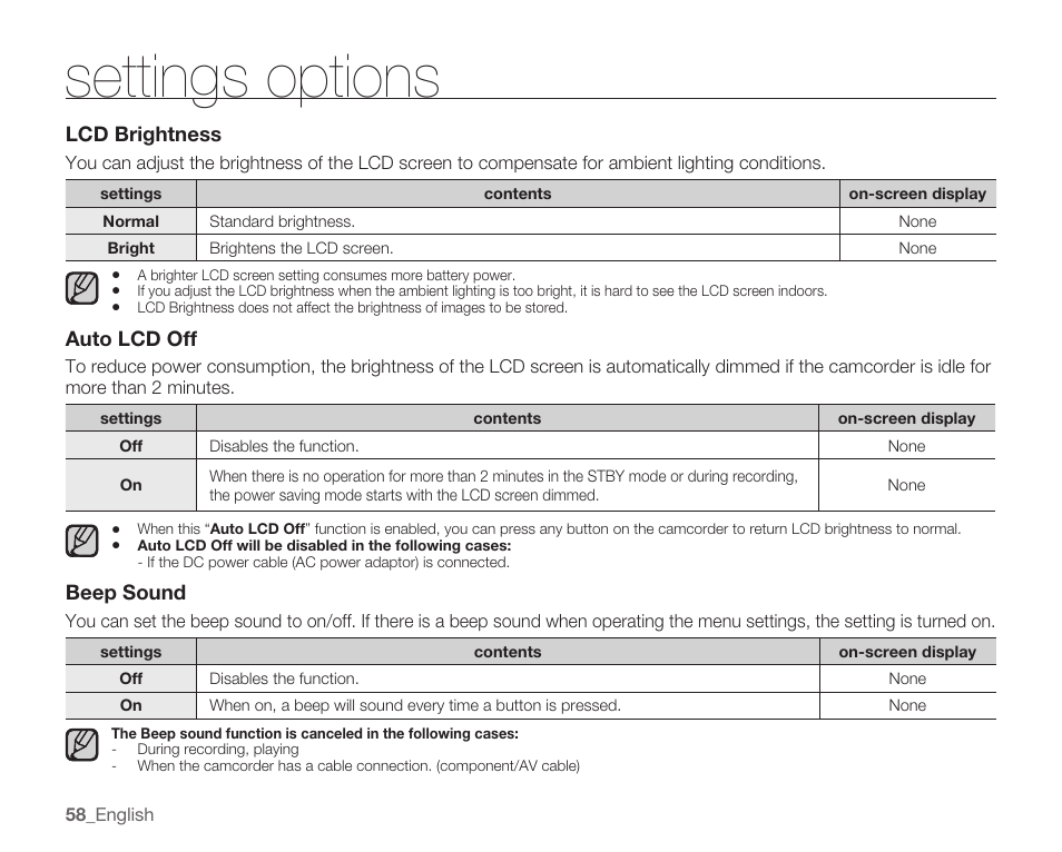 Settings options | Samsung HMX-U100 User Manual | Page 70 / 102