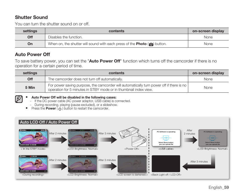 Shutter sound, Auto power off, English _59 | You can turn the shutter sound on or off, Auto lcd off / auto power off | Samsung HMX-U100 User Manual | Page 71 / 102