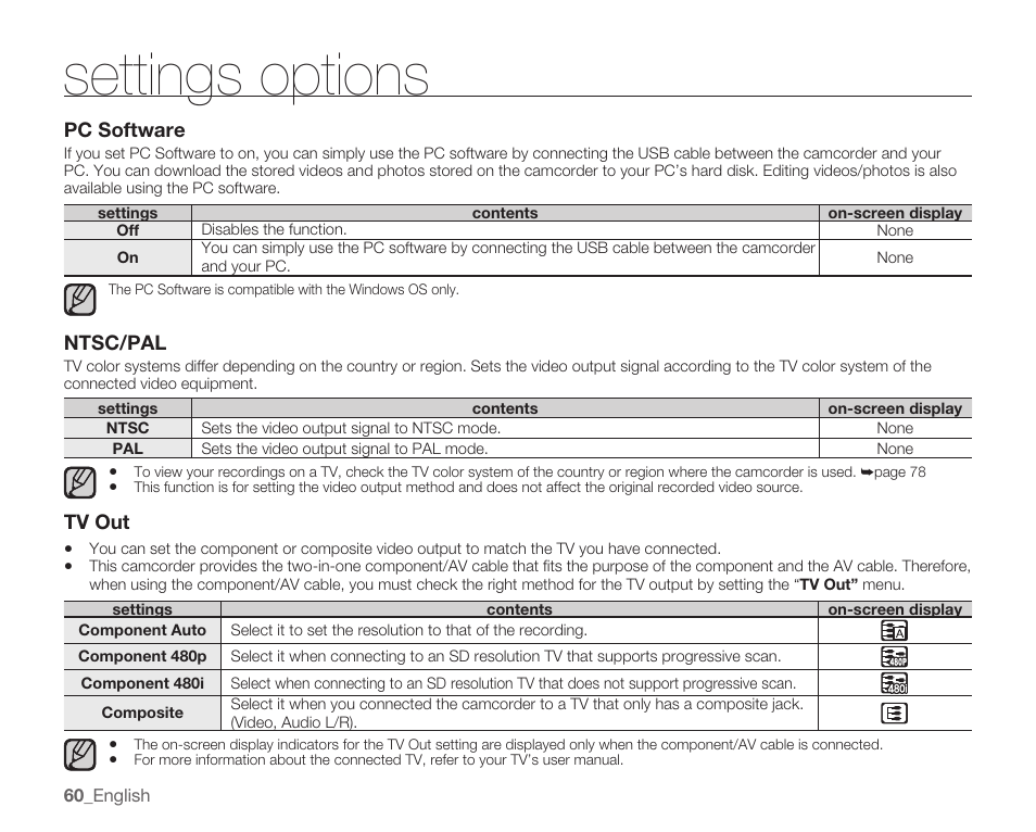 Settings options | Samsung HMX-U100 User Manual | Page 72 / 102