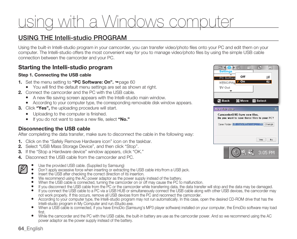 Using the intelli-studio program, Using with a windows computer, Starting the intelli-studio program | Samsung HMX-U100 User Manual | Page 76 / 102