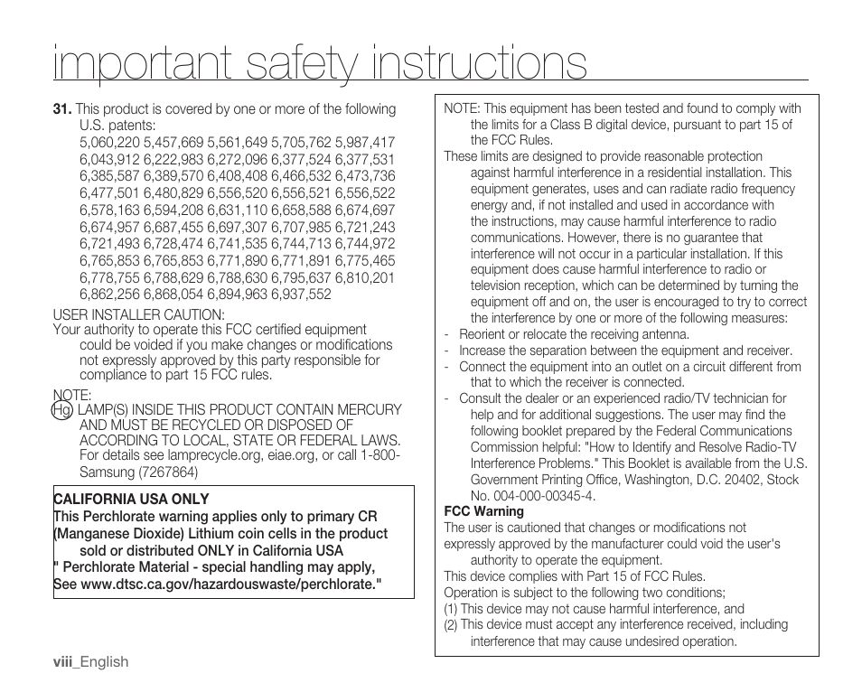 Important safety instructions | Samsung HMX-U100 User Manual | Page 8 / 102