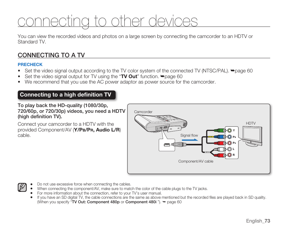 Connecting to other devices, Connecting to a tv | Samsung HMX-U100 User Manual | Page 85 / 102