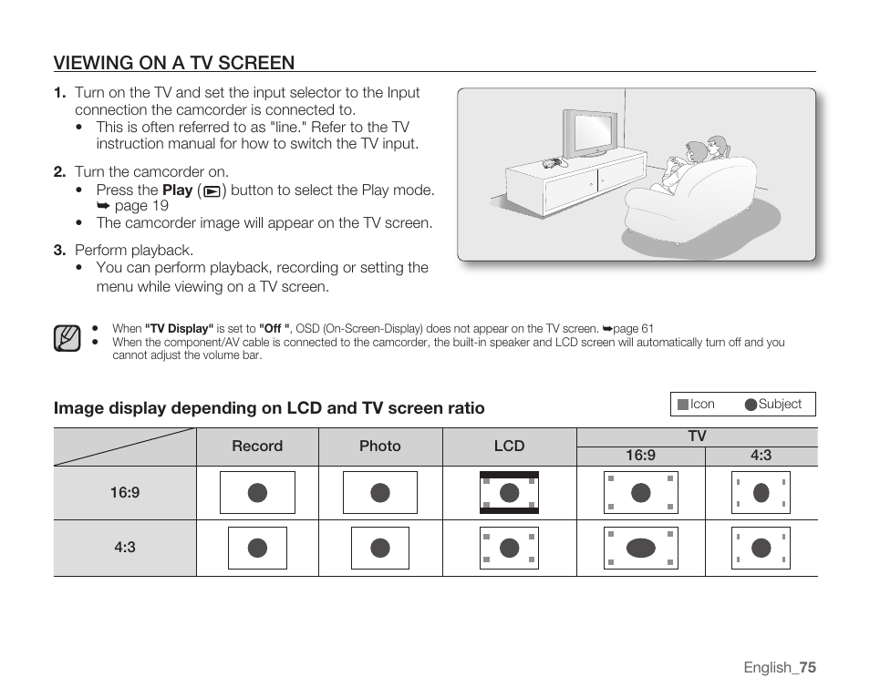 Viewing on a tv screen, Image display depending on lcd and tv screen ratio | Samsung HMX-U100 User Manual | Page 87 / 102