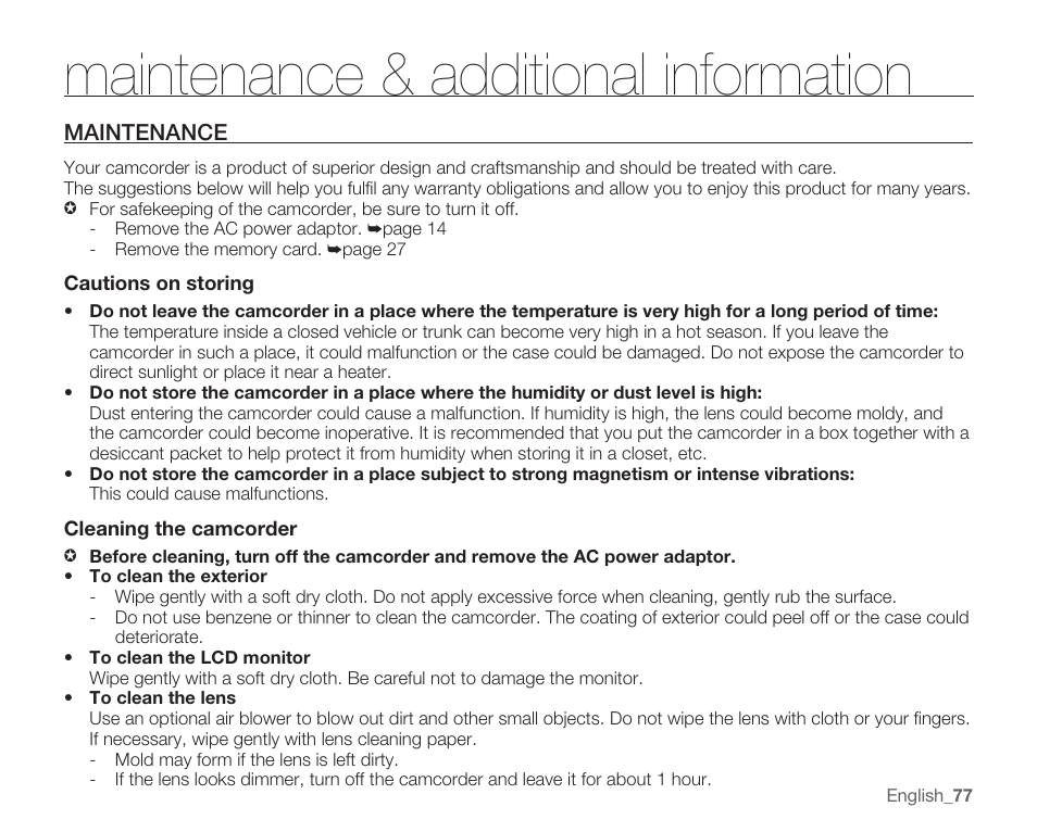 Maintenance & additional information, Maintenance | Samsung HMX-U100 User Manual | Page 89 / 102