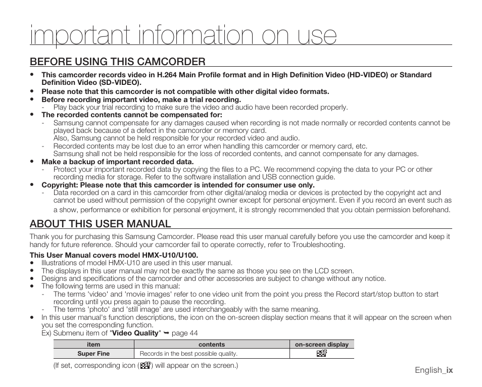 Important information on use, Before using this camcorder, About this user manual | Samsung HMX-U100 User Manual | Page 9 / 102