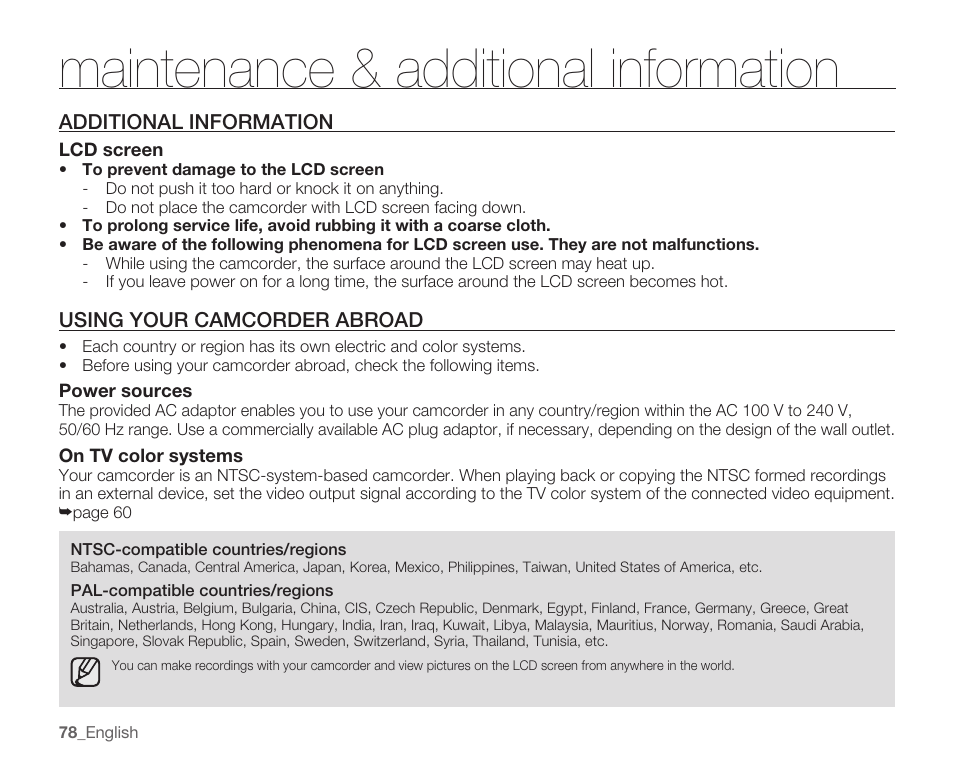 Additional information, Using your camcorder abroad, Maintenance & additional information | Samsung HMX-U100 User Manual | Page 90 / 102