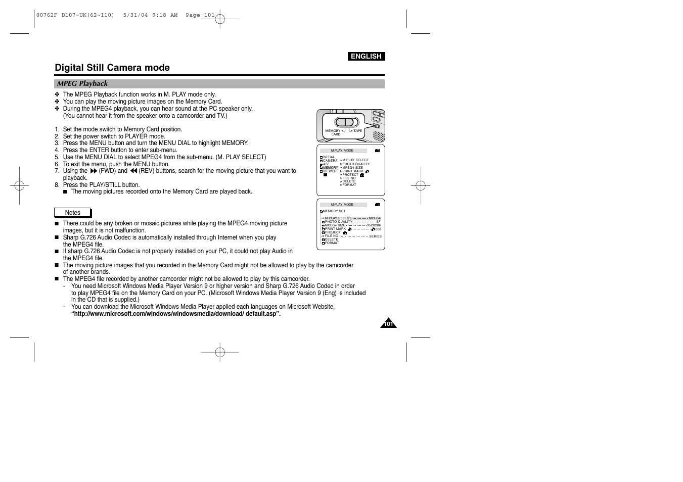 Mpeg playback, Digital still camera mode | Samsung VP-D107 User Manual | Page 101 / 114