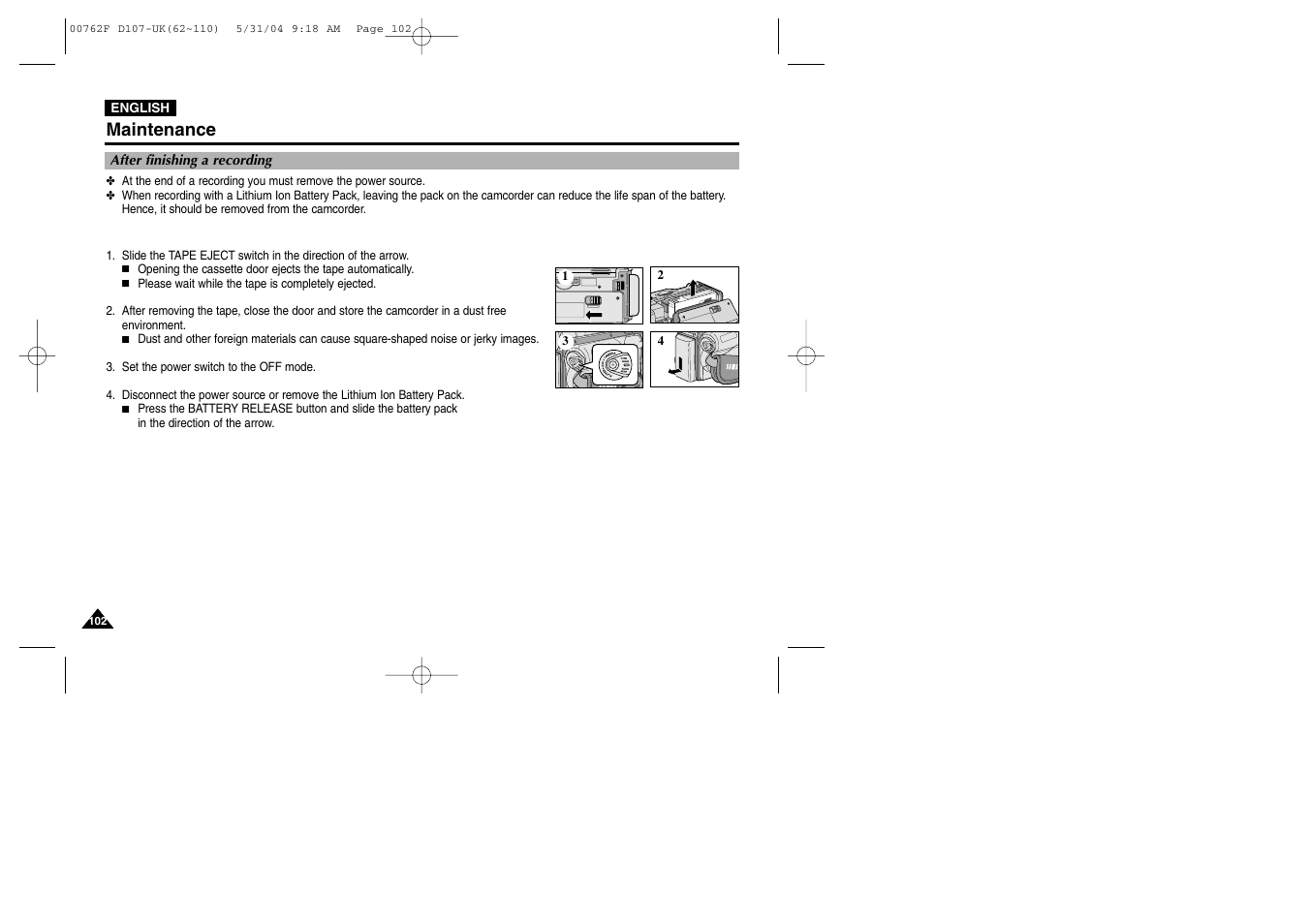 Maintenance, After finishing a recording | Samsung VP-D107 User Manual | Page 102 / 114