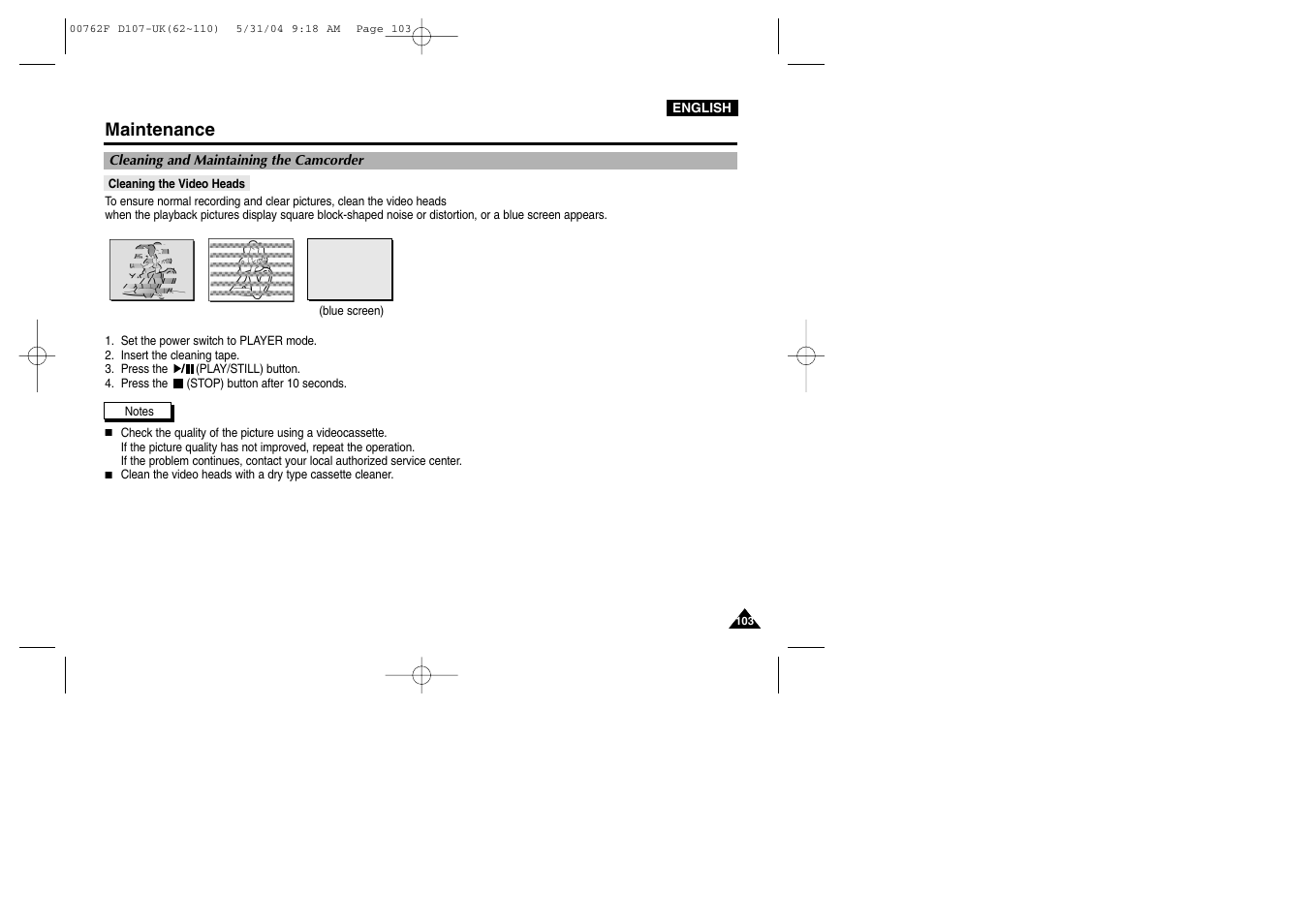 Cleaning and maintaining the camcorder, Cleaning the video heads, Maintenance | Samsung VP-D107 User Manual | Page 103 / 114