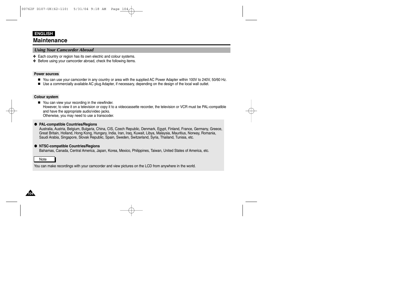 Using your camcorder abroad, Power sources, Colour system | Maintenance | Samsung VP-D107 User Manual | Page 104 / 114