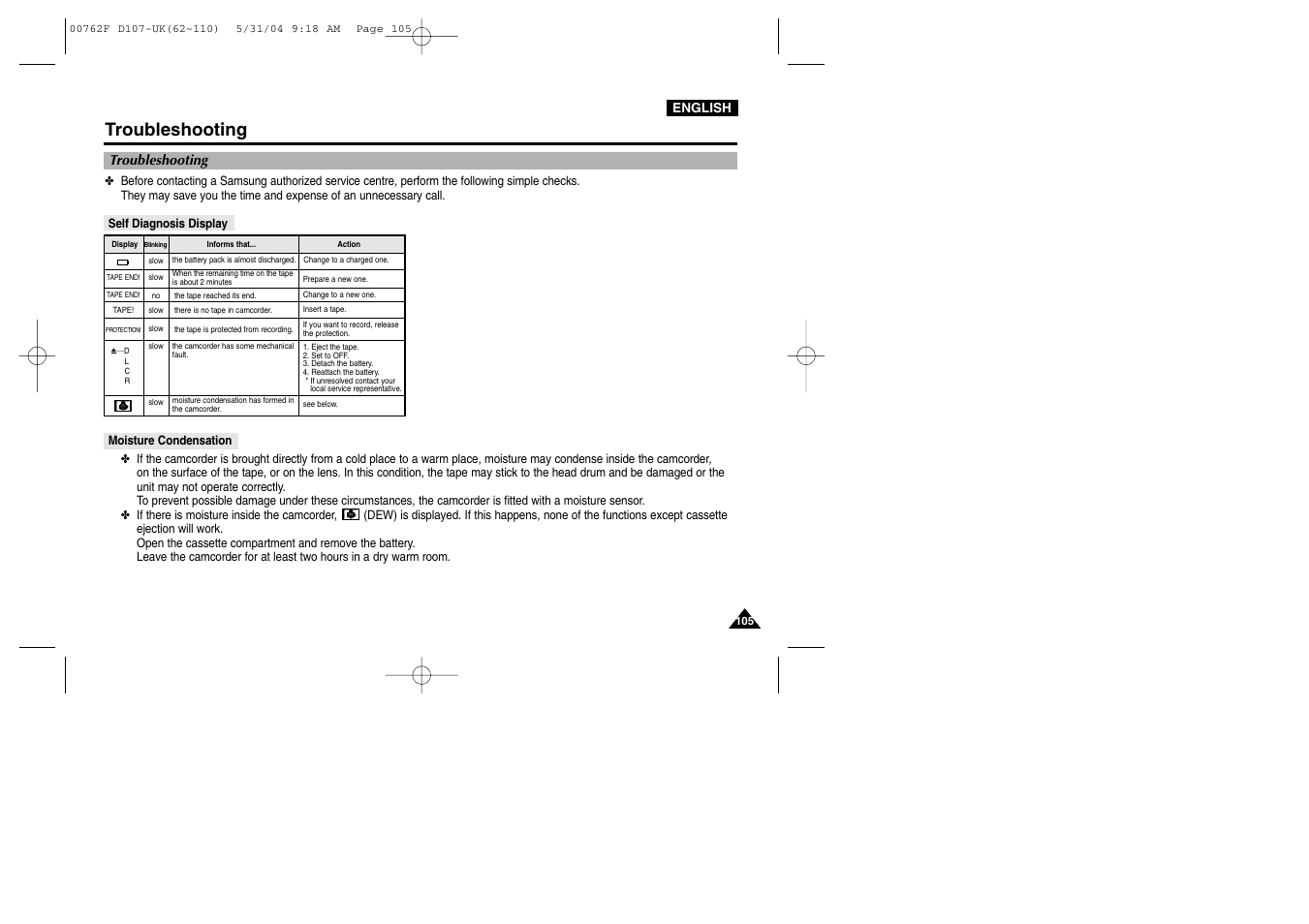 Troubleshooting, Self diagnosis display, Moisture condensation | Samsung VP-D107 User Manual | Page 105 / 114