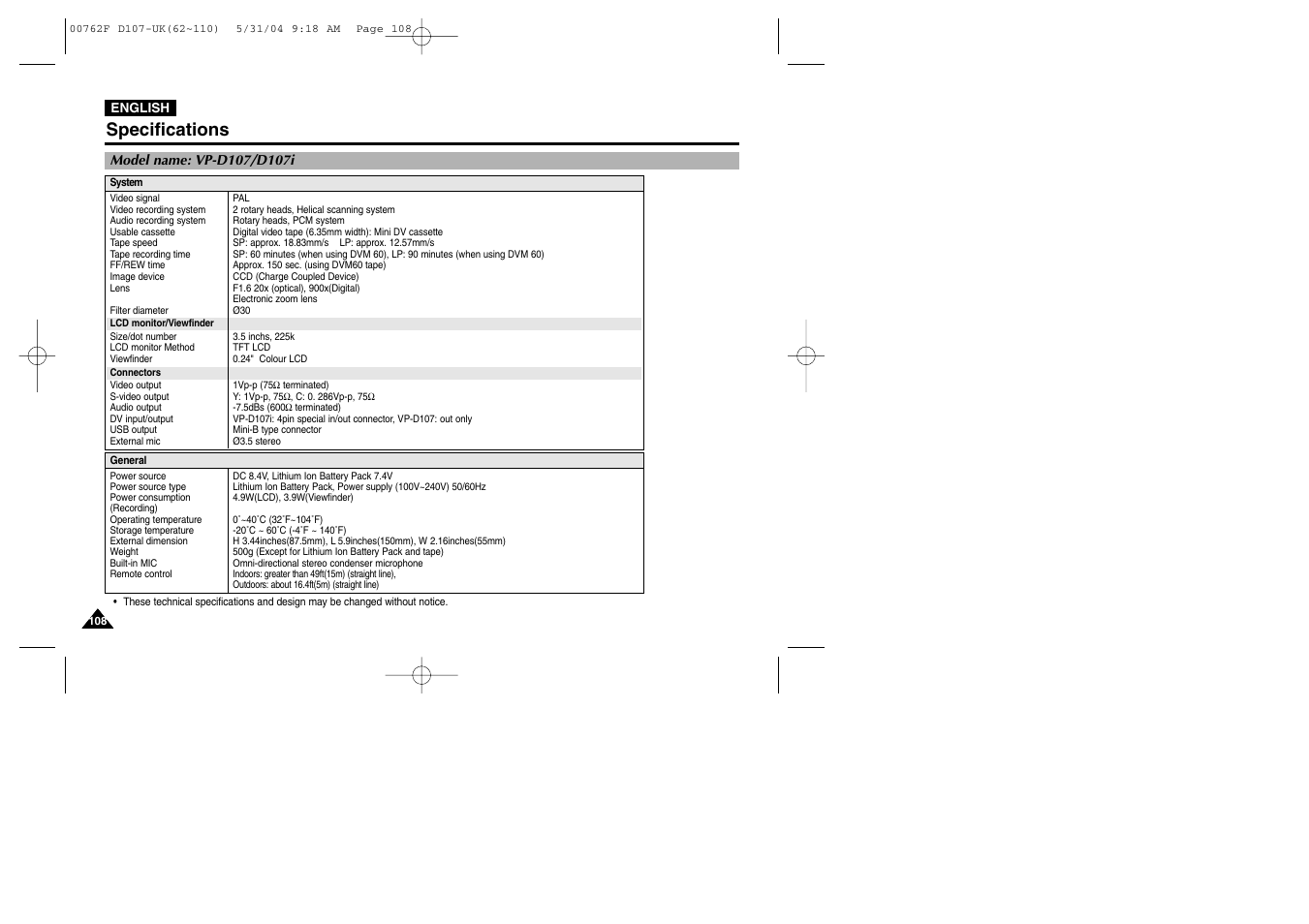 Specifications | Samsung VP-D107 User Manual | Page 108 / 114