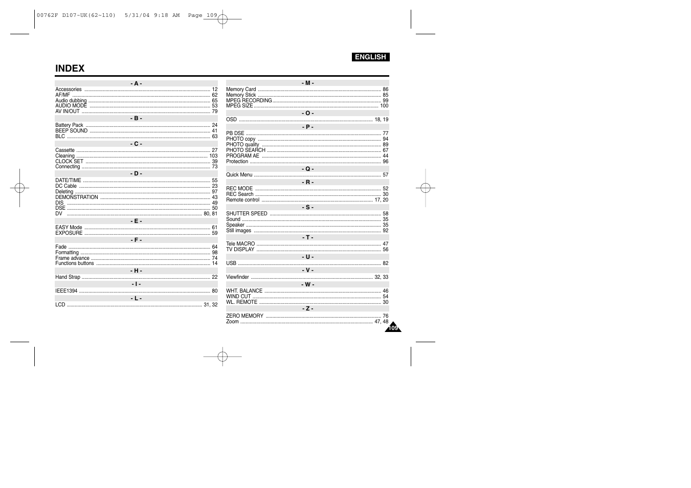 Index | Samsung VP-D107 User Manual | Page 109 / 114