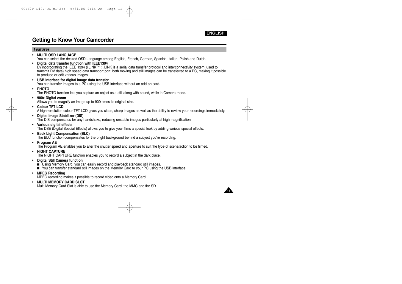 Getting to know your camcorder, Features | Samsung VP-D107 User Manual | Page 11 / 114