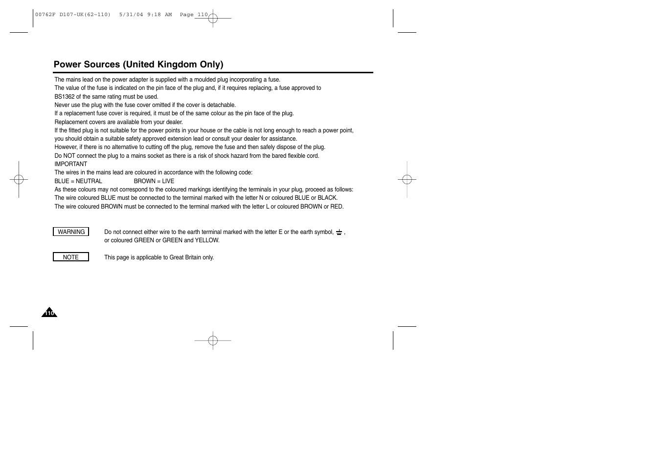 Power sources (united kingdom only) | Samsung VP-D107 User Manual | Page 110 / 114