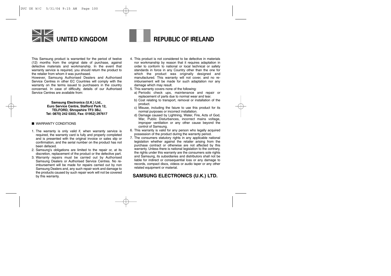 United kingdom republic of ireland | Samsung VP-D107 User Manual | Page 111 / 114