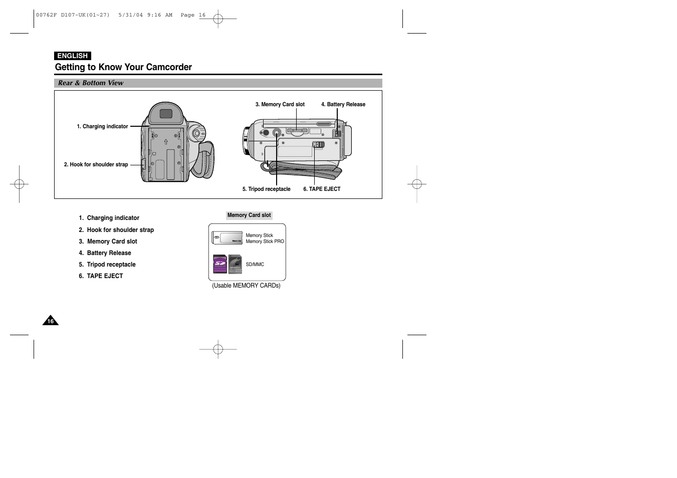 Rear & bottom view, Getting to know your camcorder | Samsung VP-D107 User Manual | Page 16 / 114