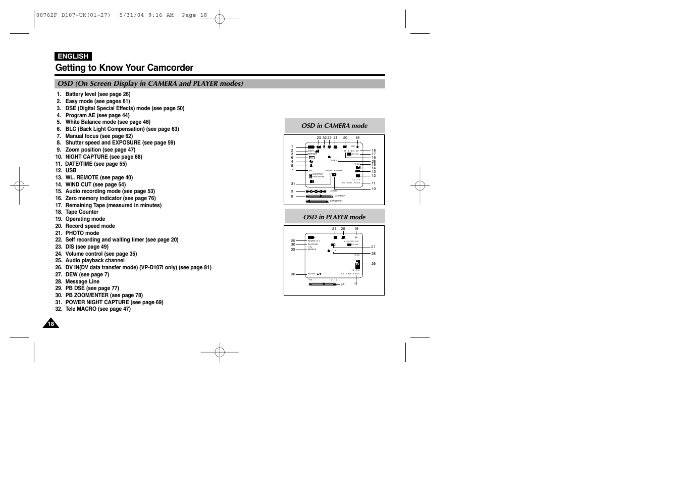 Osd (on screen display in camera and player modes), Getting to know your camcorder, English | Osd in camera mode, Osd in player mode | Samsung VP-D107 User Manual | Page 18 / 114