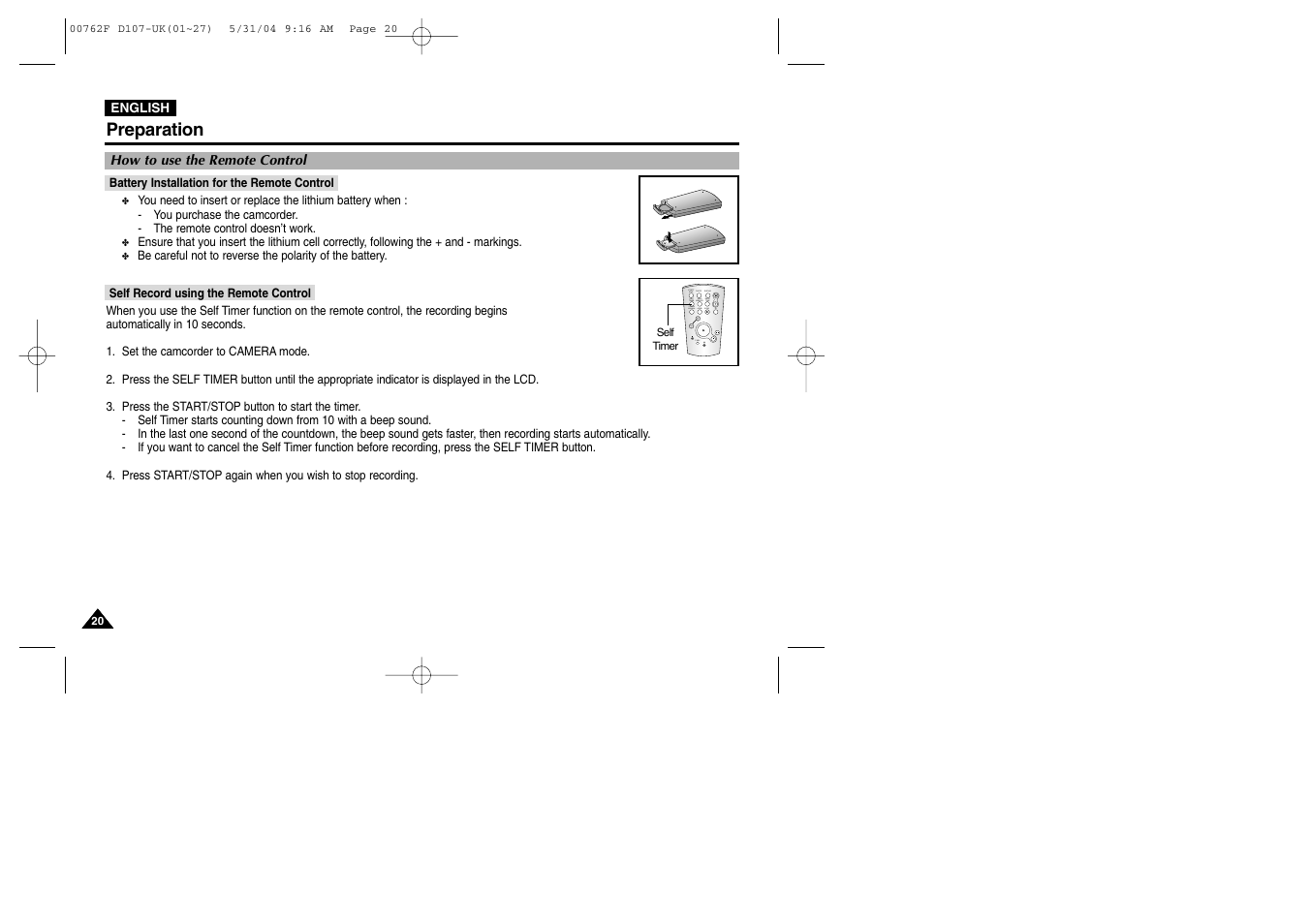 Preparation, How to use the remote control, Battery installation for the remote control | Self record using the remote control | Samsung VP-D107 User Manual | Page 20 / 114