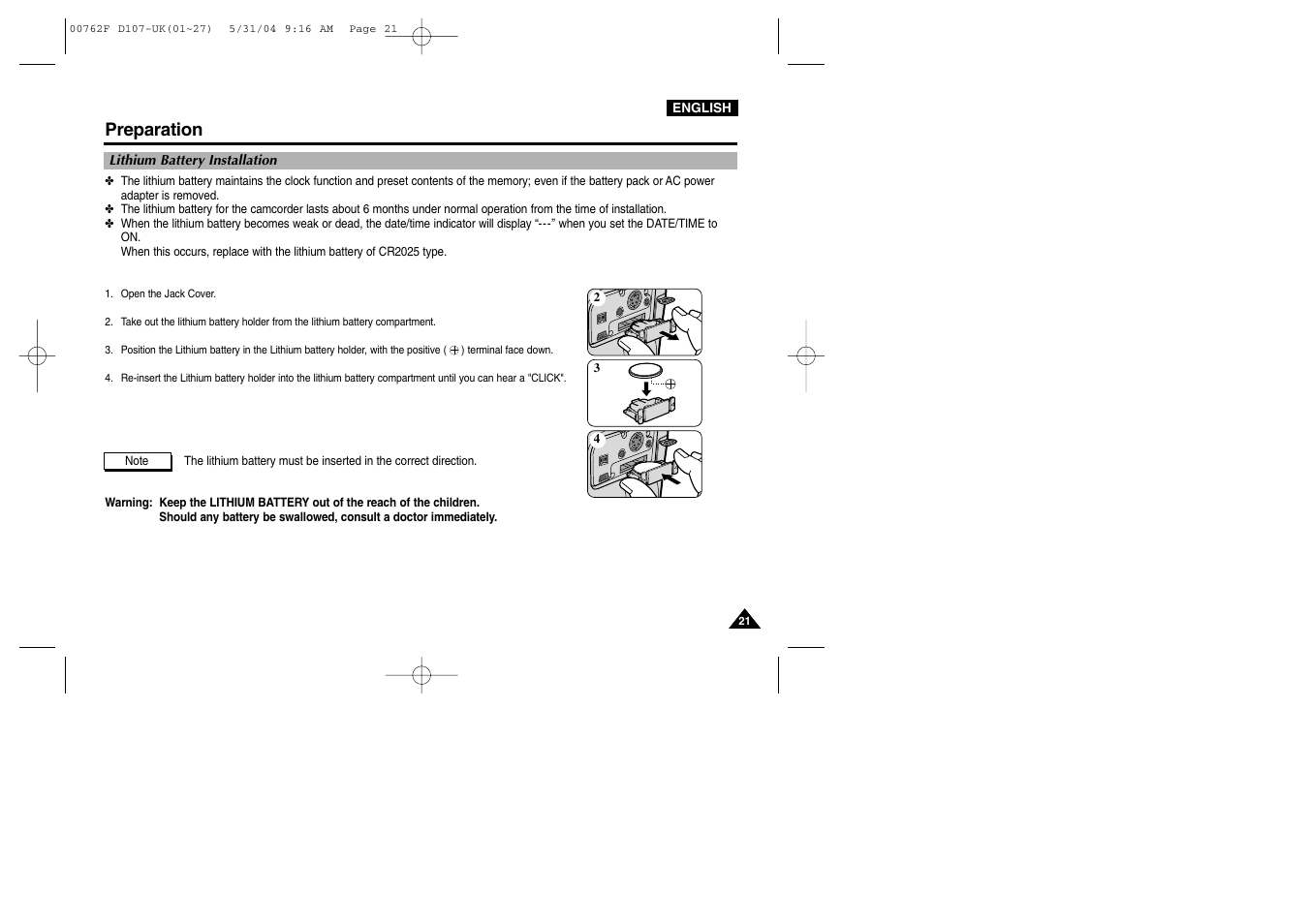 Lithium battery installation, Preparation | Samsung VP-D107 User Manual | Page 21 / 114