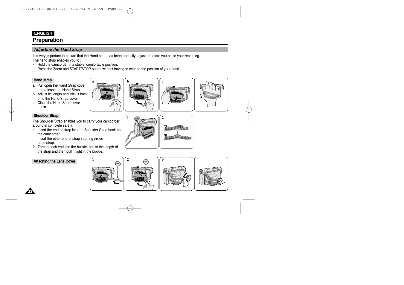 Adjusting the hand strap, Hand strap, Shoulder strap | Attaching the lens cover, Preparation | Samsung VP-D107 User Manual | Page 22 / 114