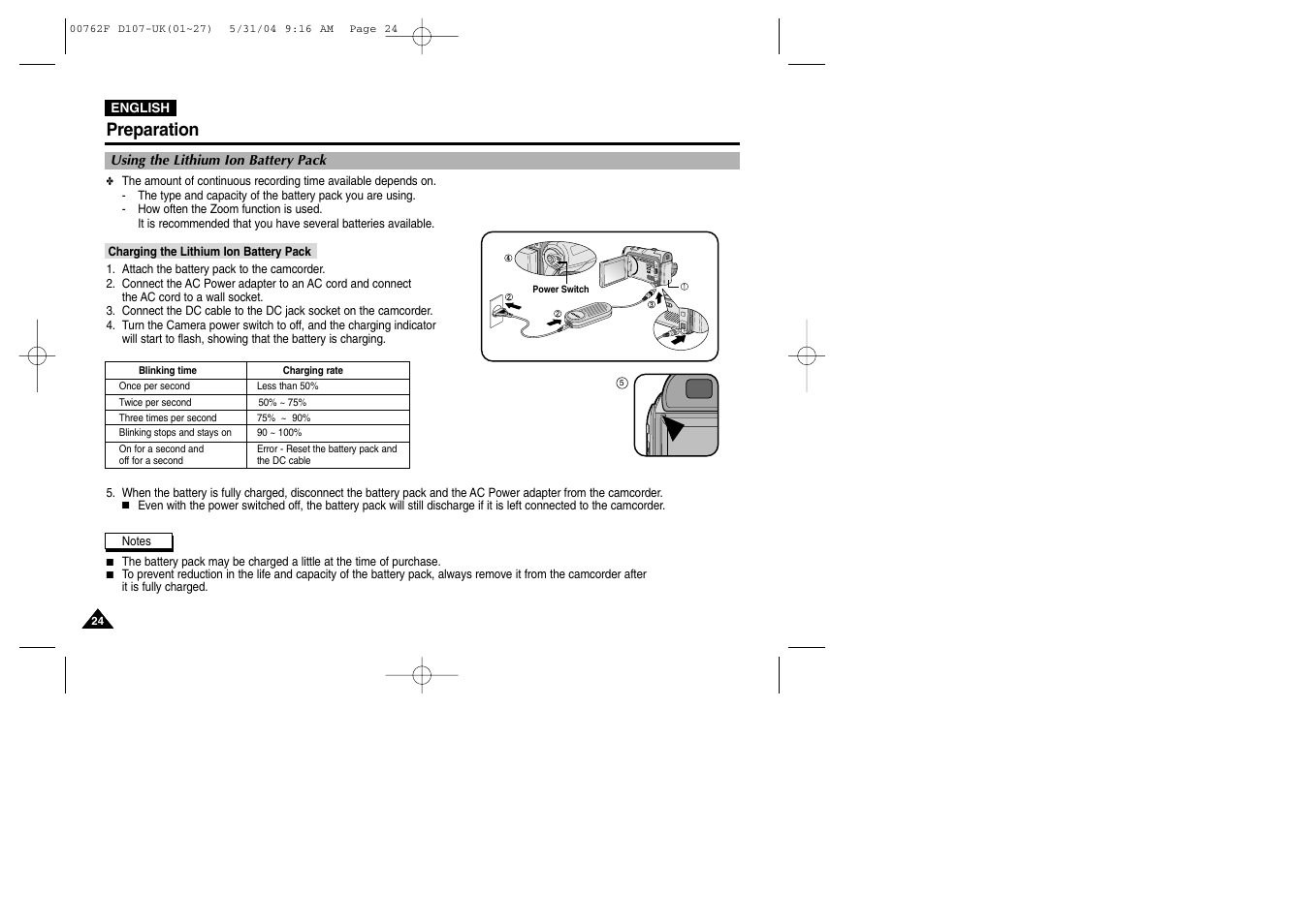Using the lithium ion battery pack, Charging the lithium ion battery pack, Preparation | Samsung VP-D107 User Manual | Page 24 / 114