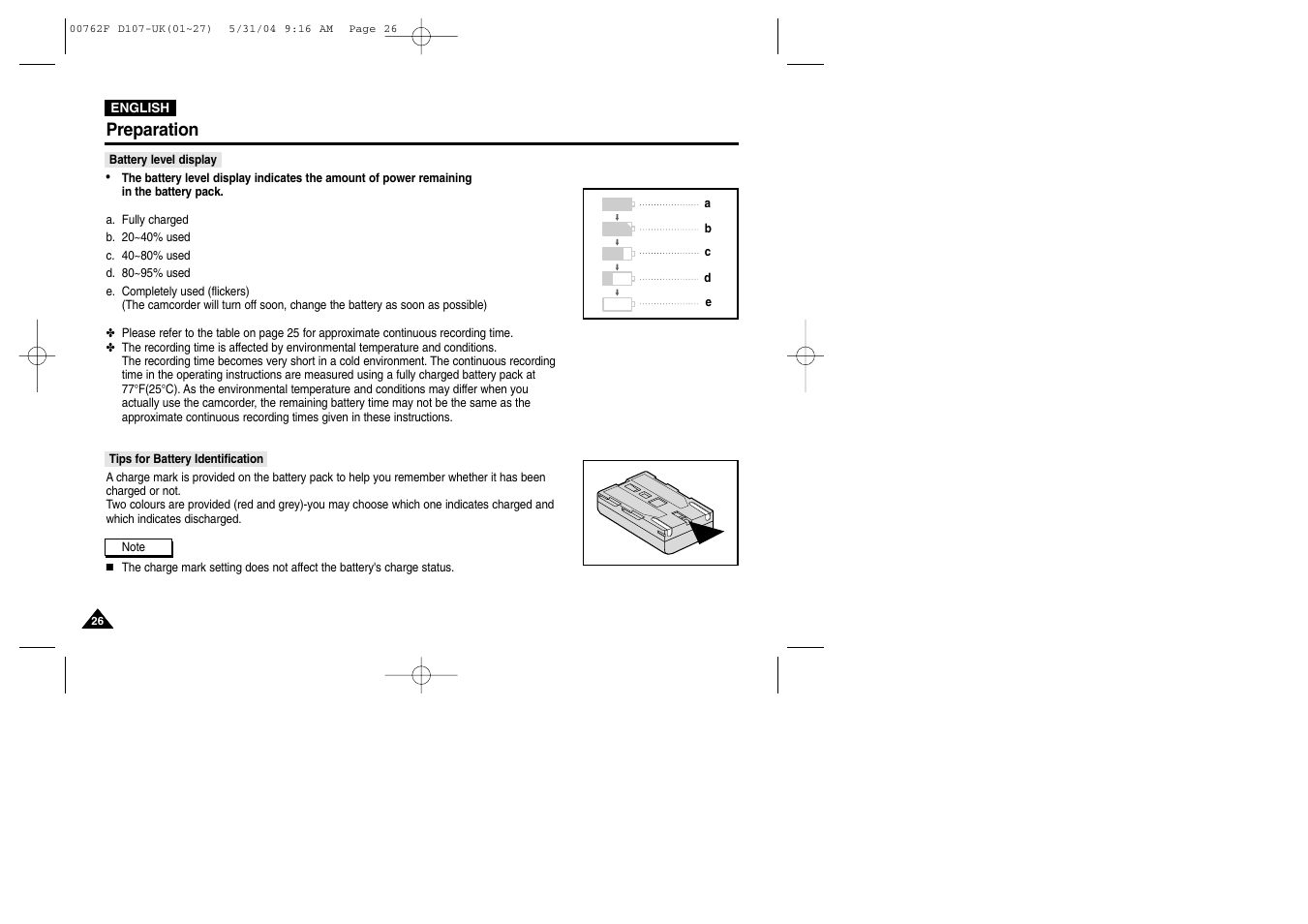 Battery level display, Preparation | Samsung VP-D107 User Manual | Page 26 / 114