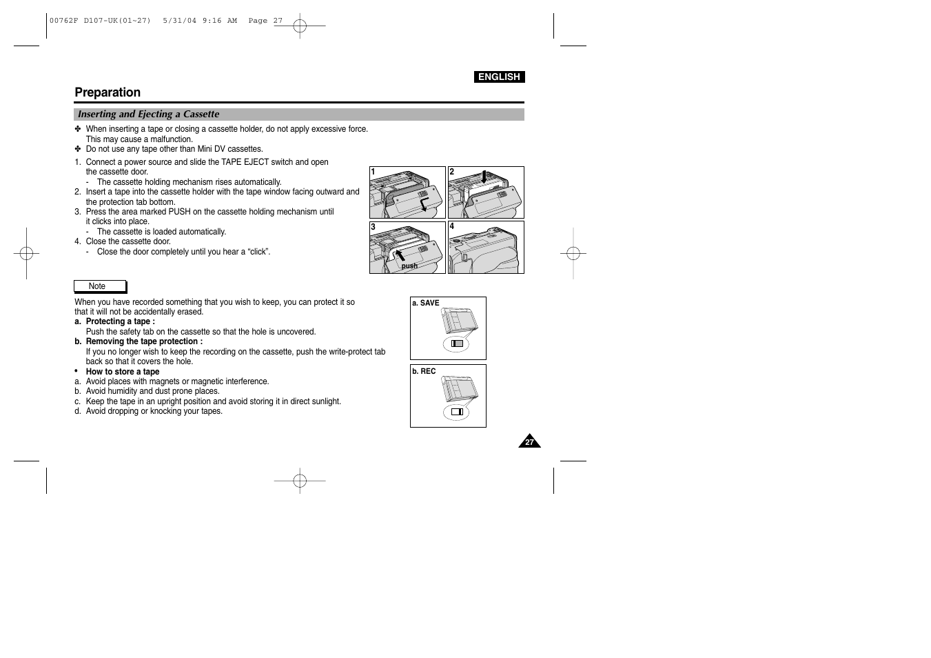 Inserting and ejecting a cassette, Preparation | Samsung VP-D107 User Manual | Page 27 / 114