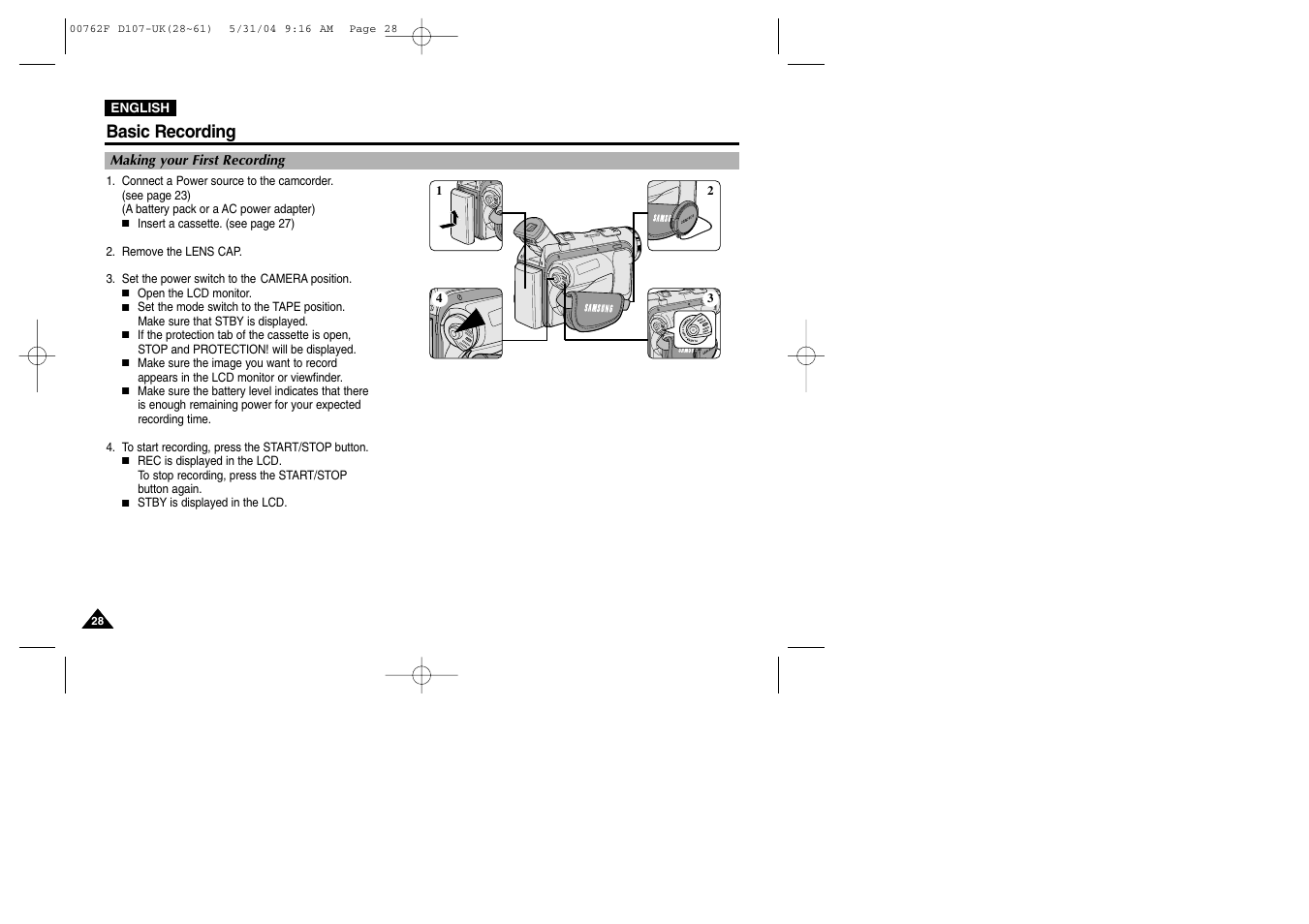 Basic recording, Making your first recording | Samsung VP-D107 User Manual | Page 28 / 114