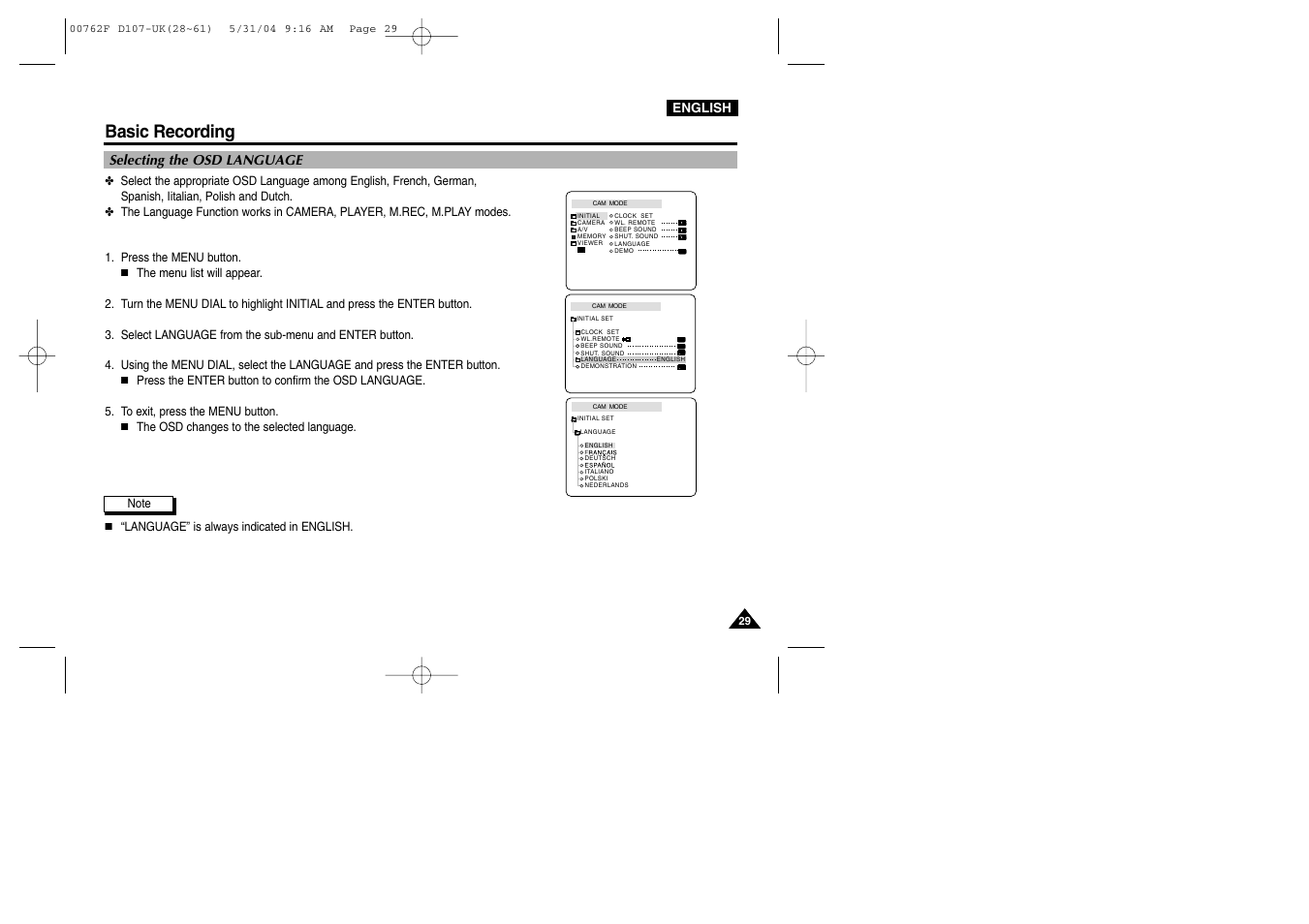 Selecting the osd language, Basic recording | Samsung VP-D107 User Manual | Page 29 / 114