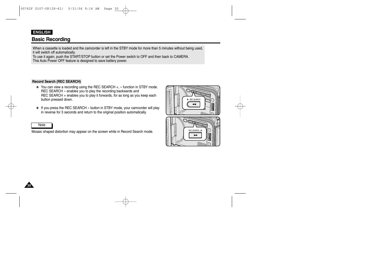 Record search (rec search), Basic recording | Samsung VP-D107 User Manual | Page 30 / 114