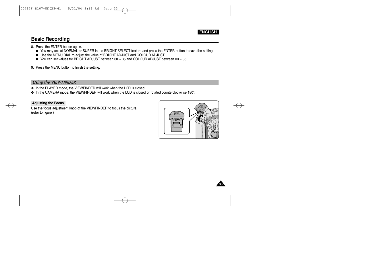 Using the viewfinder, Adjusting the focus, Basic recording | Samsung VP-D107 User Manual | Page 33 / 114