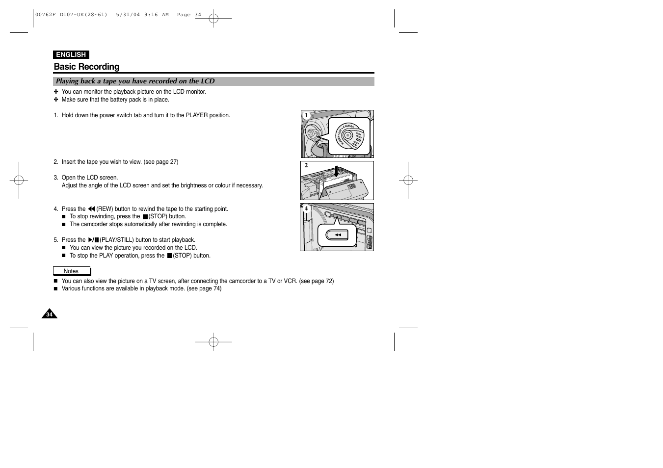 Playing back a tape you have recorded on the lcd, Basic recording | Samsung VP-D107 User Manual | Page 34 / 114