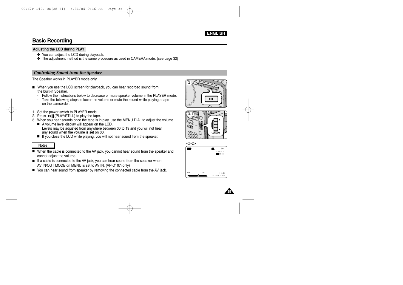 Adjusting the lcd during play, Controlling sound from the speaker, Basic recording | Samsung VP-D107 User Manual | Page 35 / 114