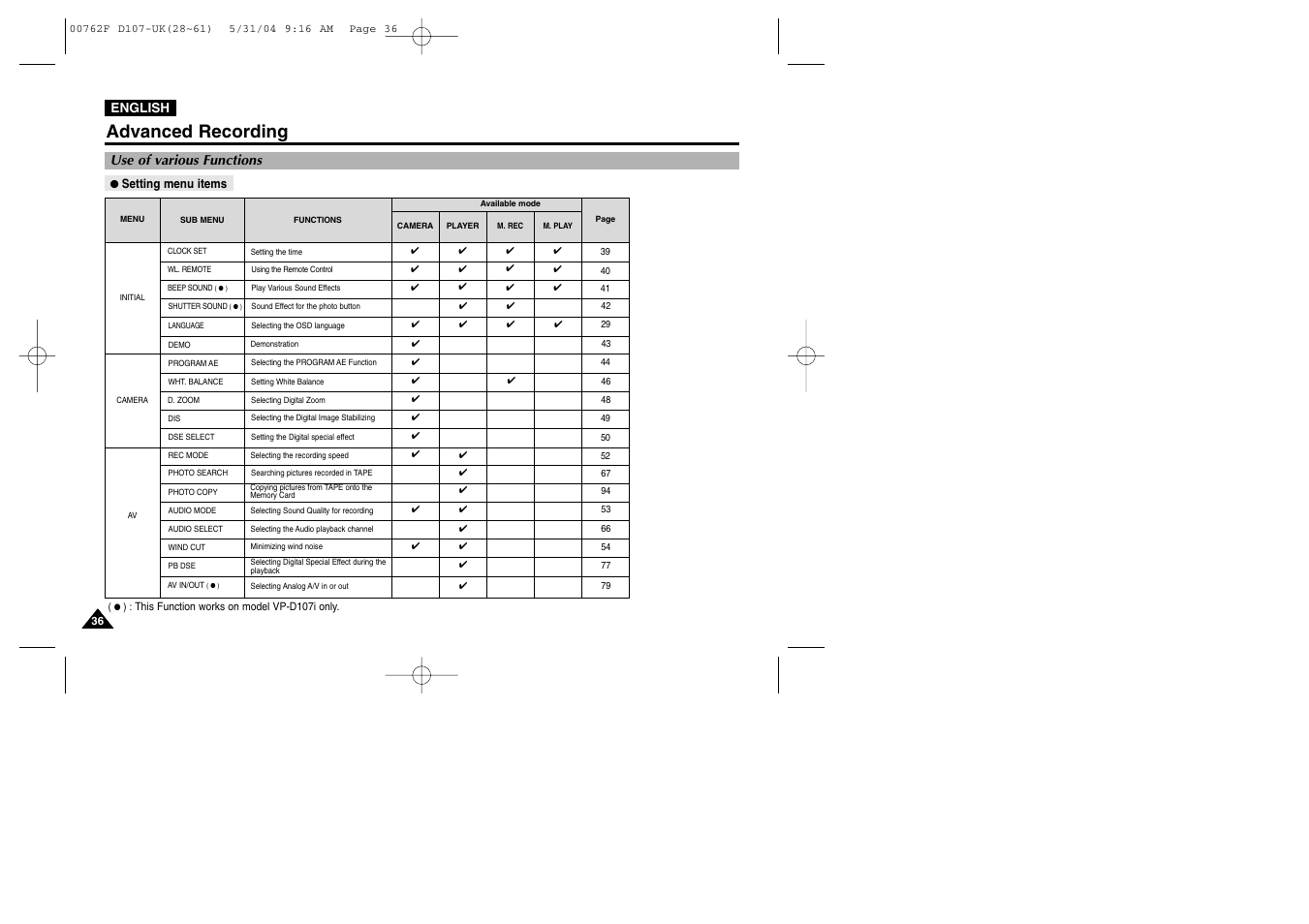 Advanced recording, Use of various functions, Setting menu items | Samsung VP-D107 User Manual | Page 36 / 114