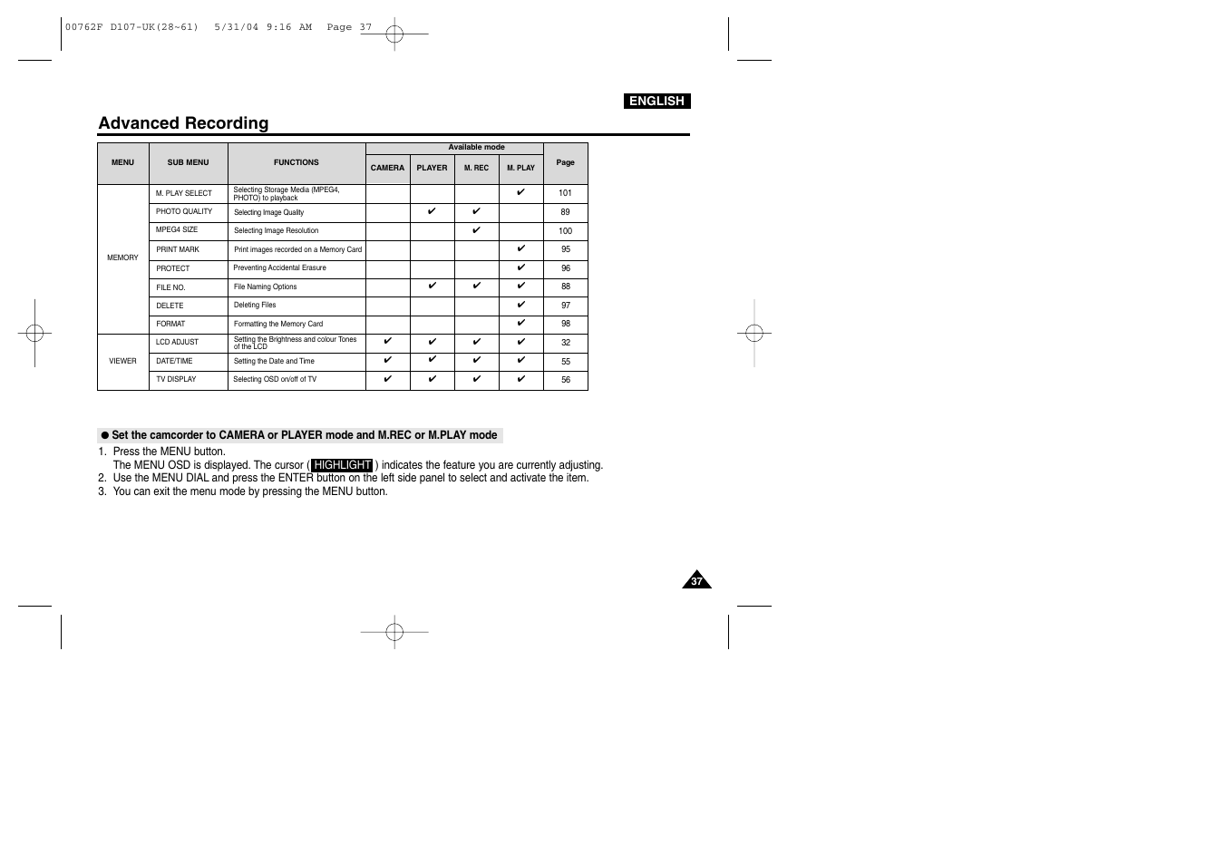 Advanced recording | Samsung VP-D107 User Manual | Page 37 / 114