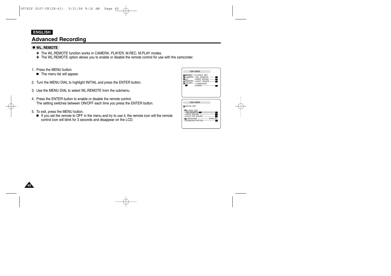 Wl. remote, Advanced recording | Samsung VP-D107 User Manual | Page 40 / 114