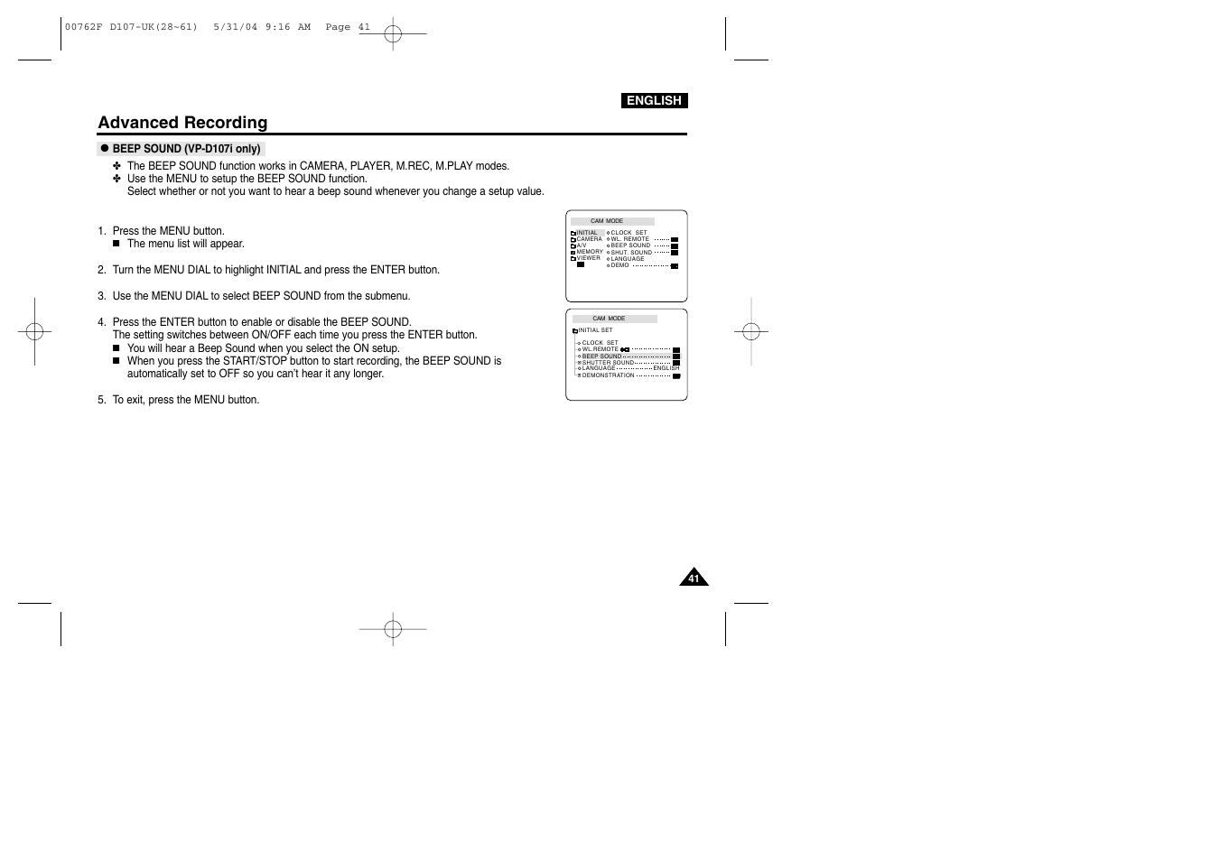 Beep sound (vp-d107i only), Advanced recording | Samsung VP-D107 User Manual | Page 41 / 114